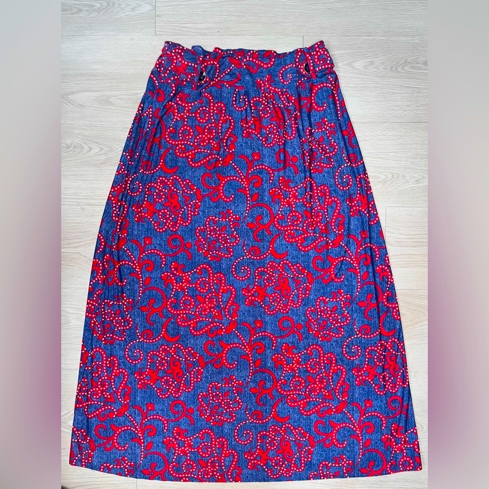Robert Louis Red and Blue‎ Denim Floral Long  Midi Skirt Size Large